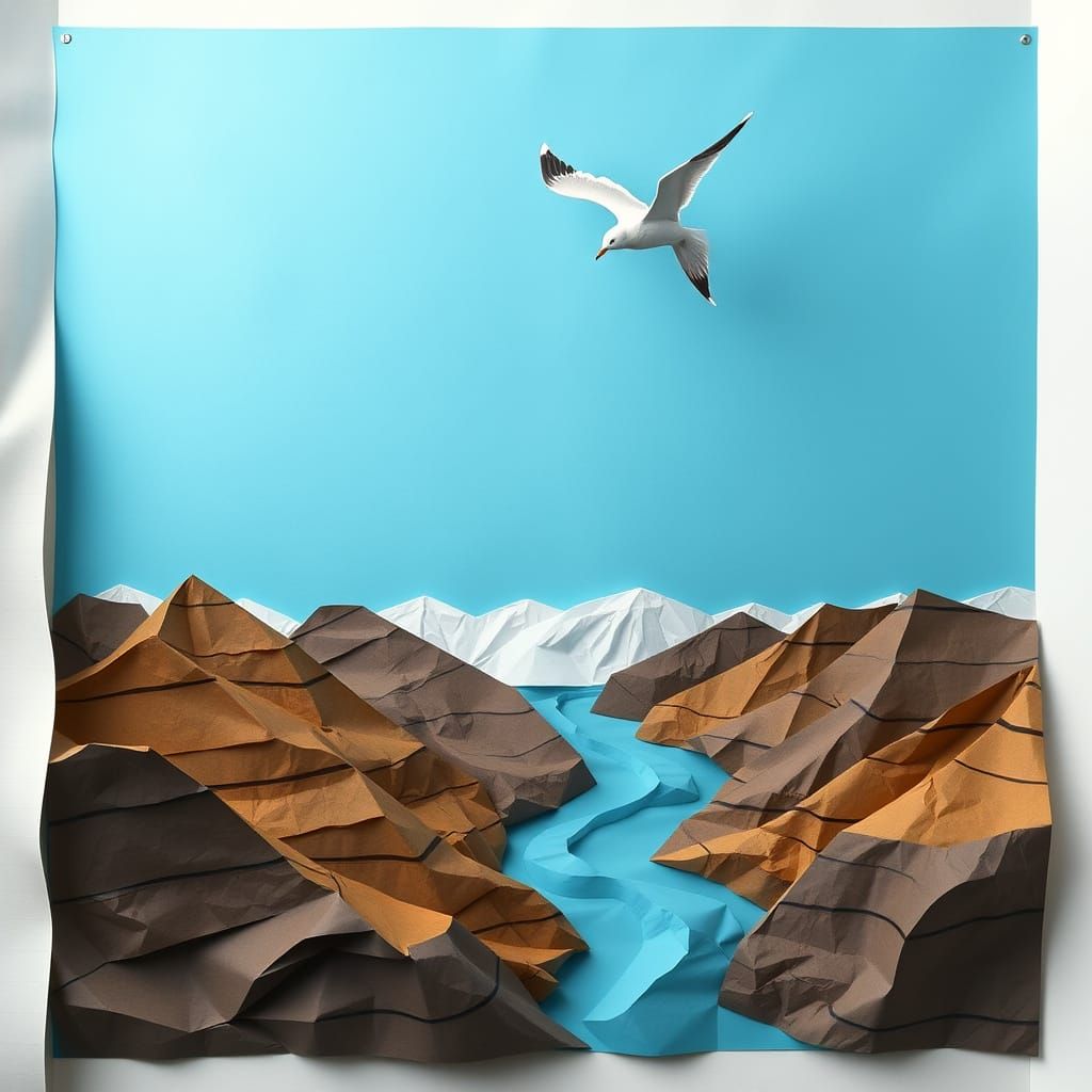 Paper Diorama Landscape with Paper Seagull