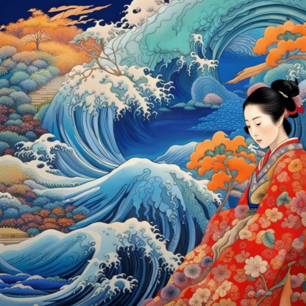 Japanese Woman and Tsunami Wave Painting