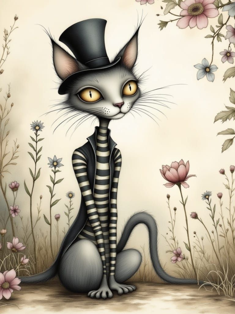 Whimsical Cat in Top Hat with Delicate Floral Background