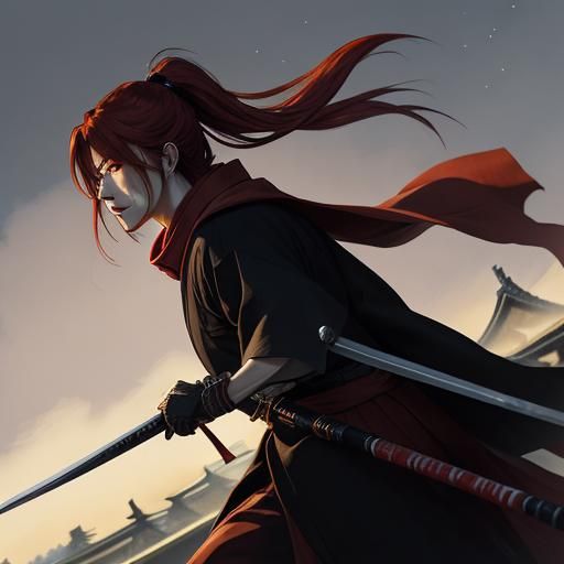 Himura Kenshin Overlooks Tokyo in Comic Book Style