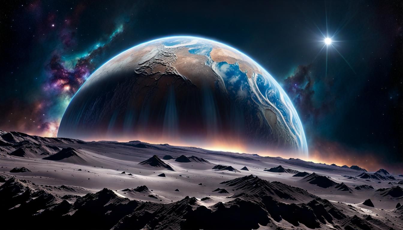 Earthrise from Moon with Iridescent Stars