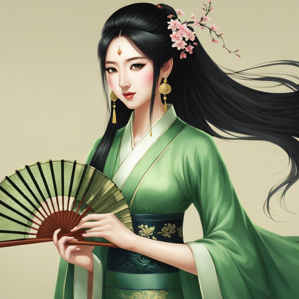 Ancient Chinese Woman with Fan in Green Dress