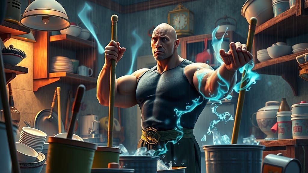 Dwayne Johnson as Magical Apprentice Cleans Kitchen in Fanta...
