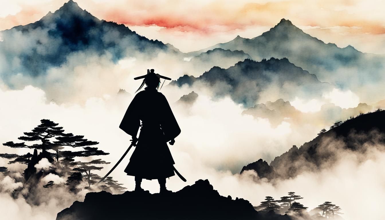 Samurai Silhouette Above Clouds in Medieval Japan