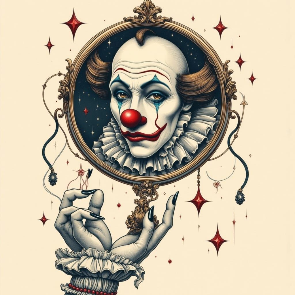 Sad Clown Reflection in Neo-Traditional Tattoo Art