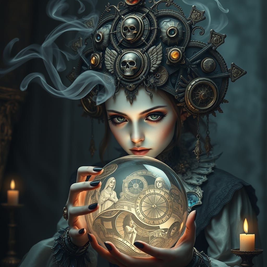 Ethereal Gothic Waif Contemplates Destiny in Crystal Ball