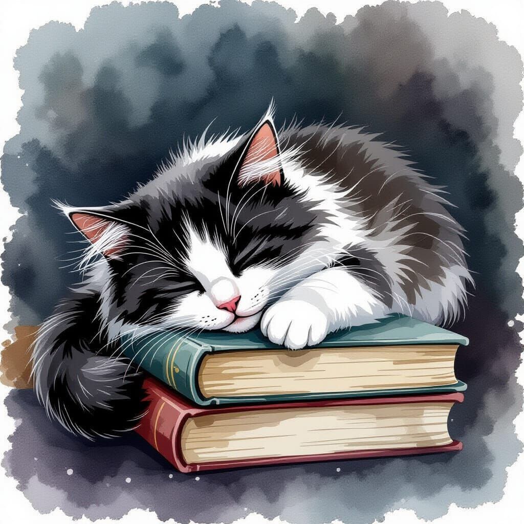 Cute Cat Sleeping on Book in Alcohol Ink Style