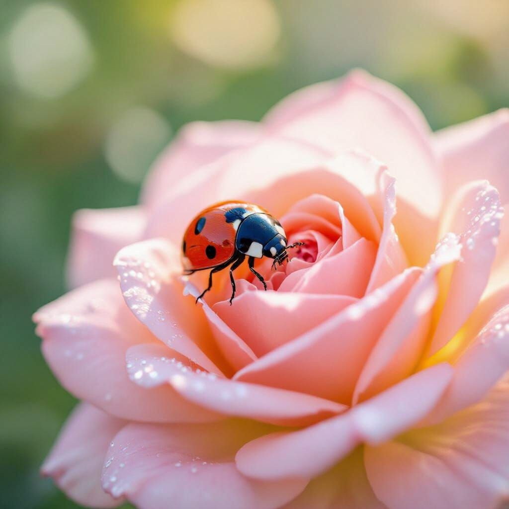 Vibrant Ladybug on Blooming Rose in Ethereal Sunlight
