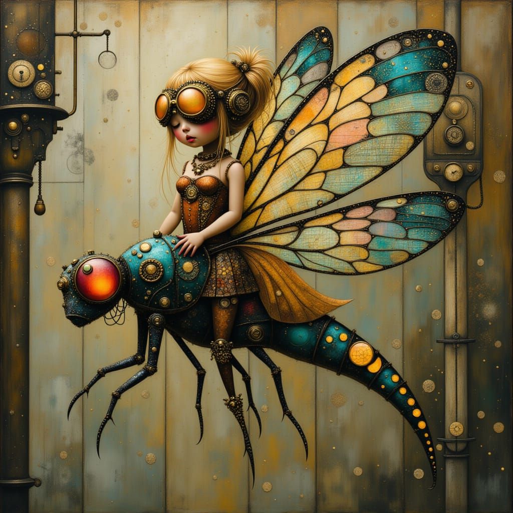 Steampunk Girl Rides Cyberpunk Dragonfly in Geonouveau Style
