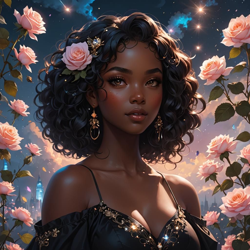Cute Curvy Girl with Black Roses Digital Art