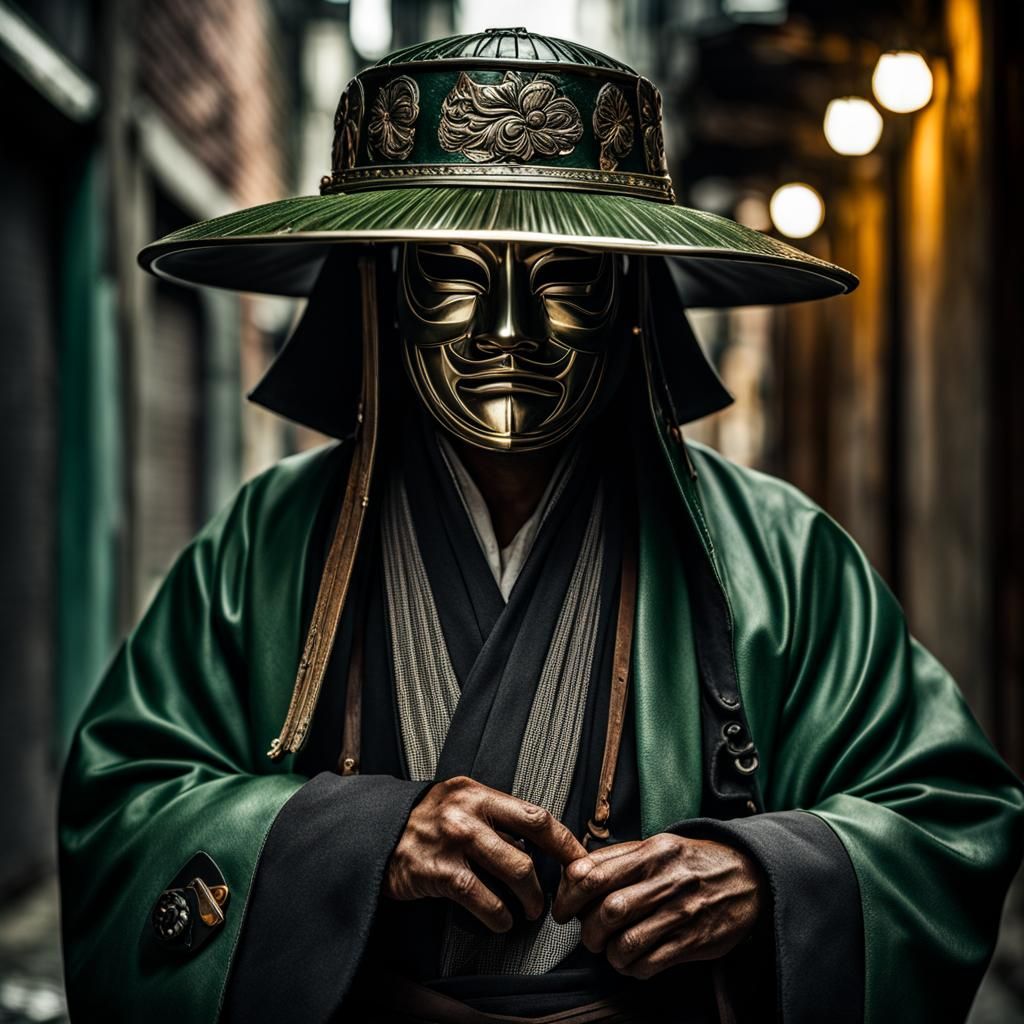 Samurai mask, pail hat, dark green jacket, homeless, in alle...