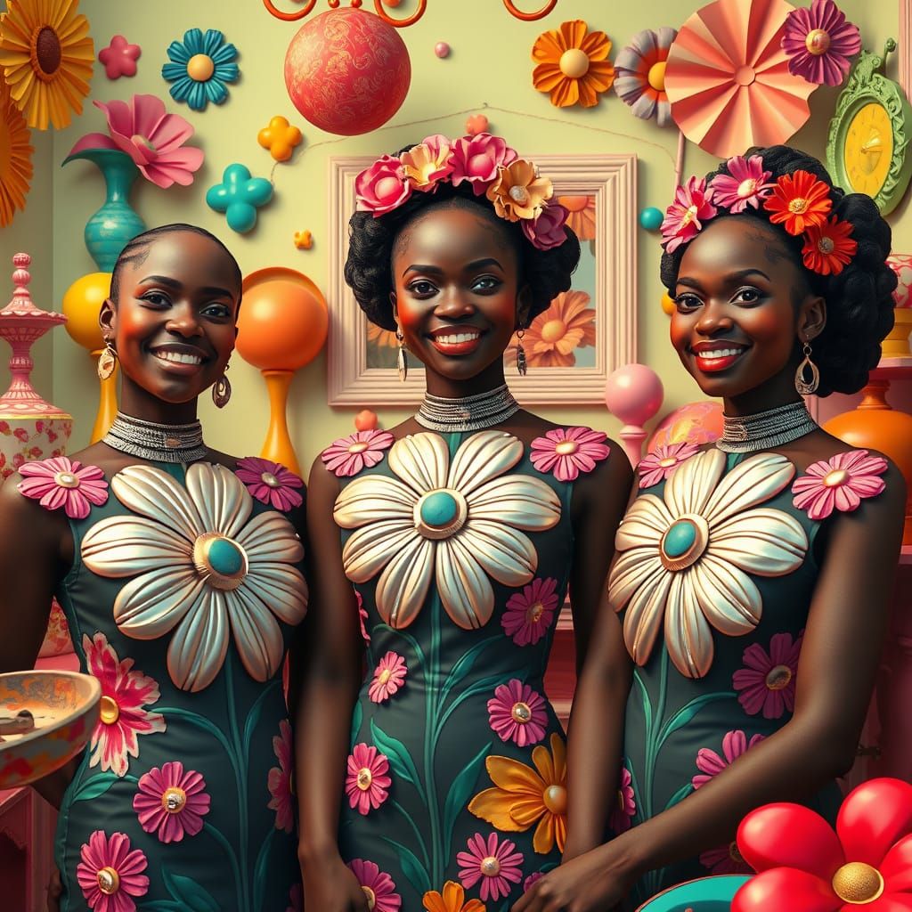Smiling Women in Floral Aluminum Clothing