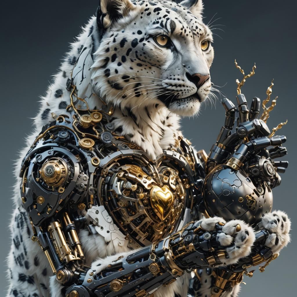 Cyberpunk Snow Leopard Cyborg Heart