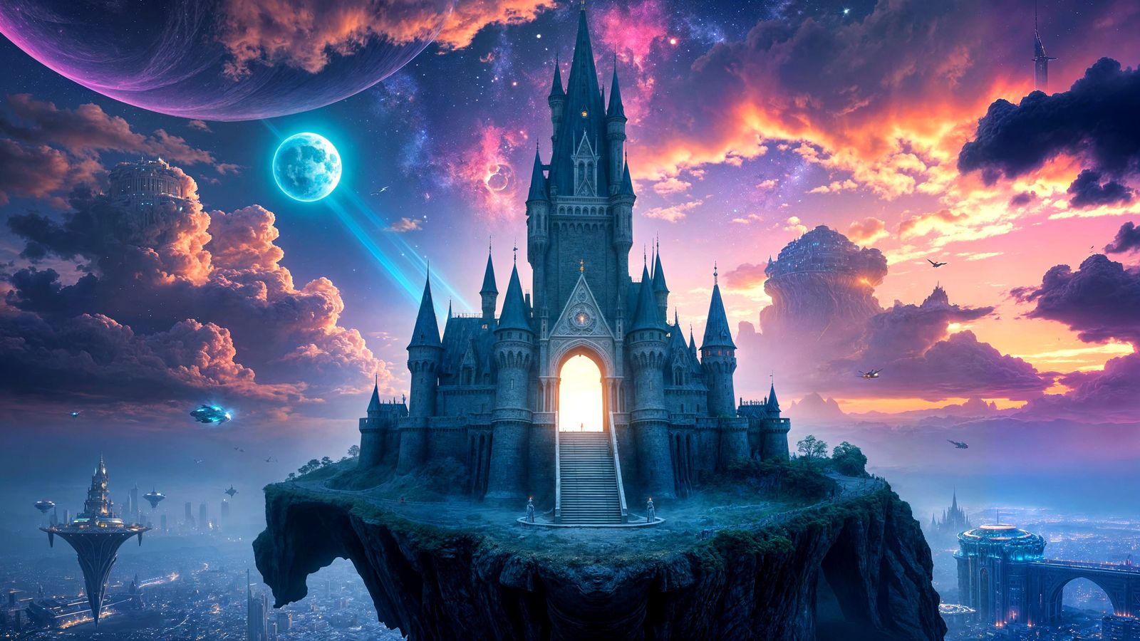 Floating Castle with Portal to Futuristic Cityscape
