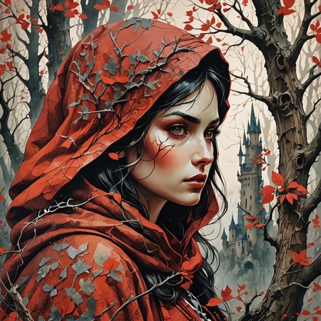 Red Riding Hood Magic Portrait in Detailed Lithography