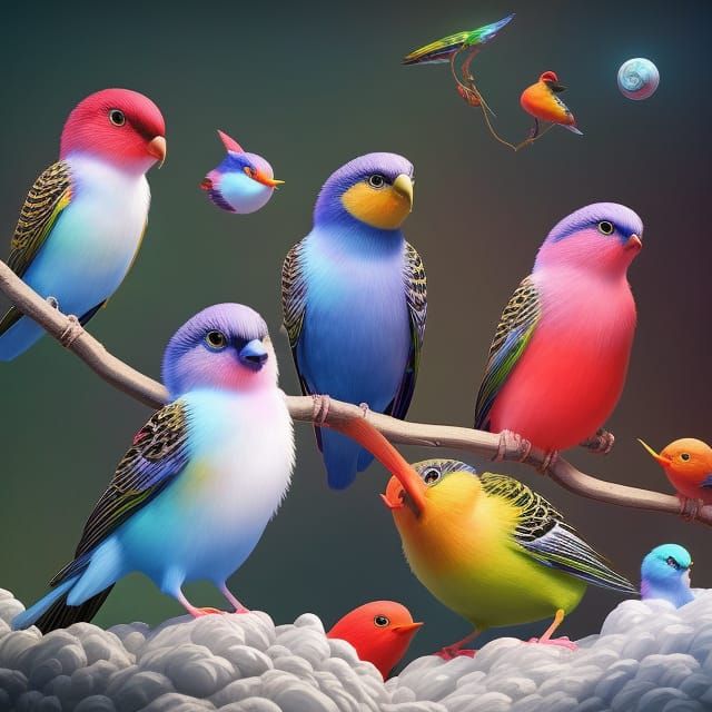 Parakeets in Whimsical Aetherpunk Scene as Digital Illustrat...