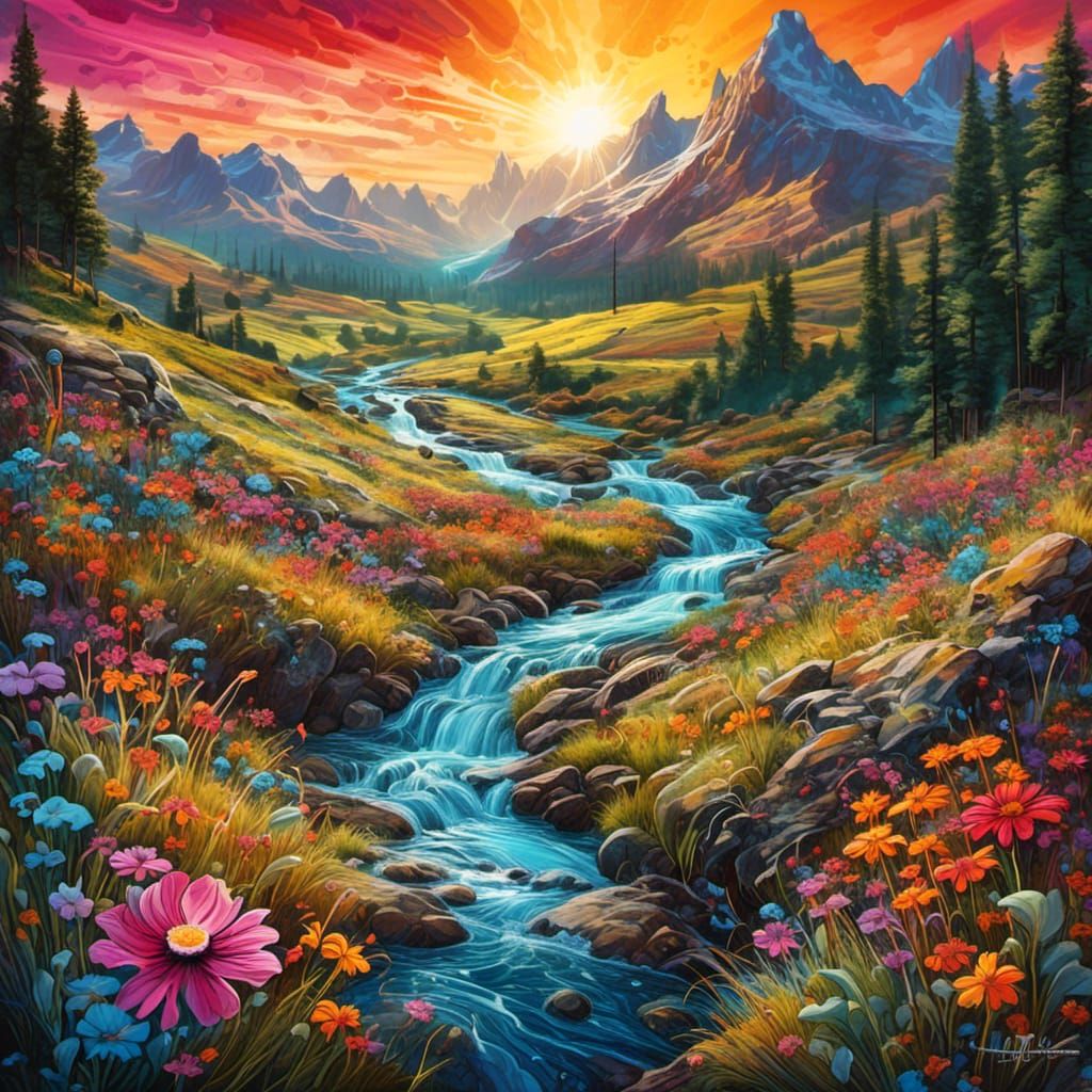 Psychedelic Sunset Over Mountain River, 70s Style