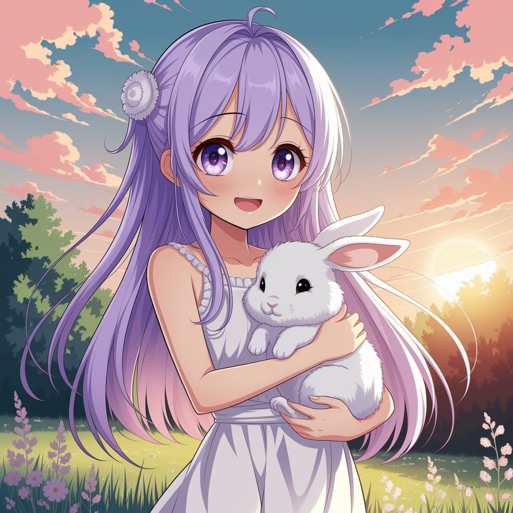 Anime Girl with Bunny in Sunlit Meadow