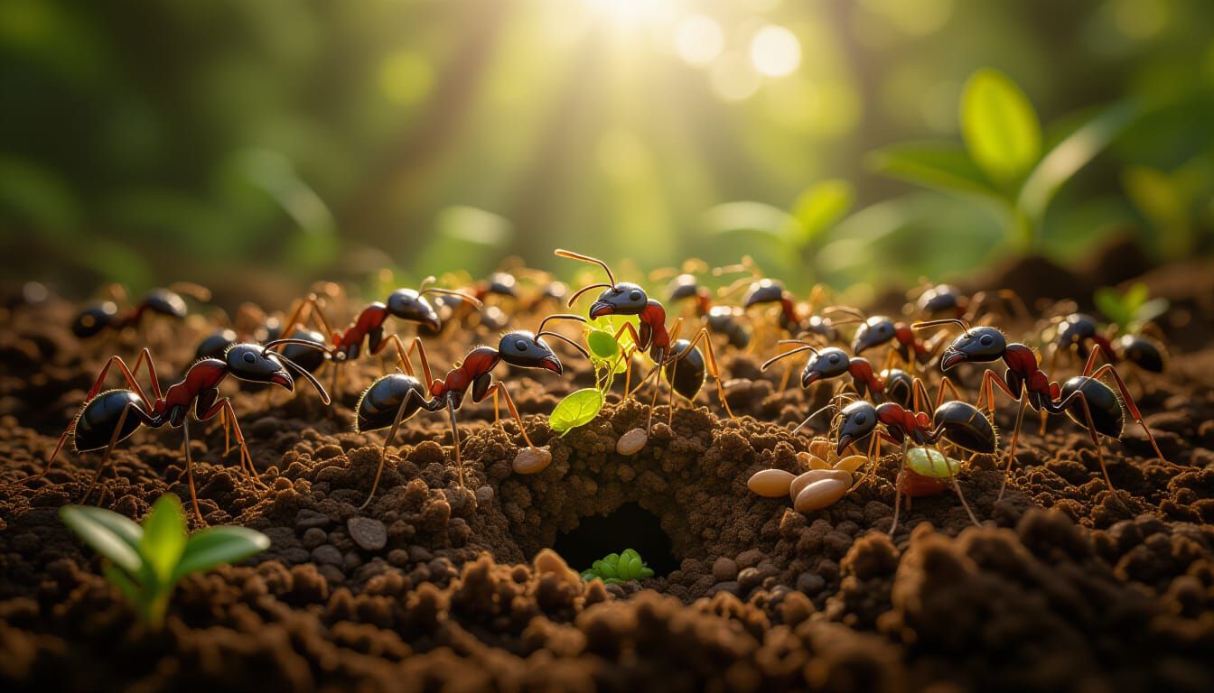 Bustling Ant Colony Foraging on Forest Floor
