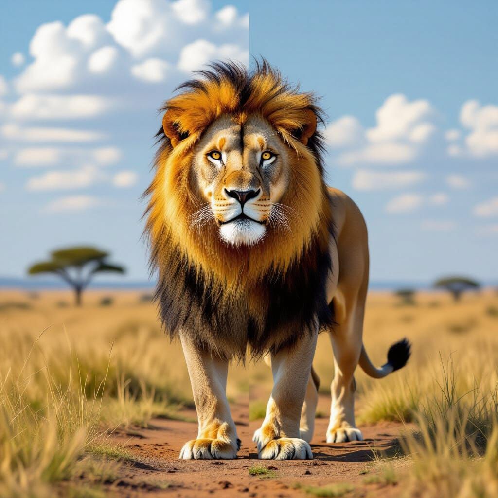 Lion in Savanna: Realistic 3D Meets Vivid Painting