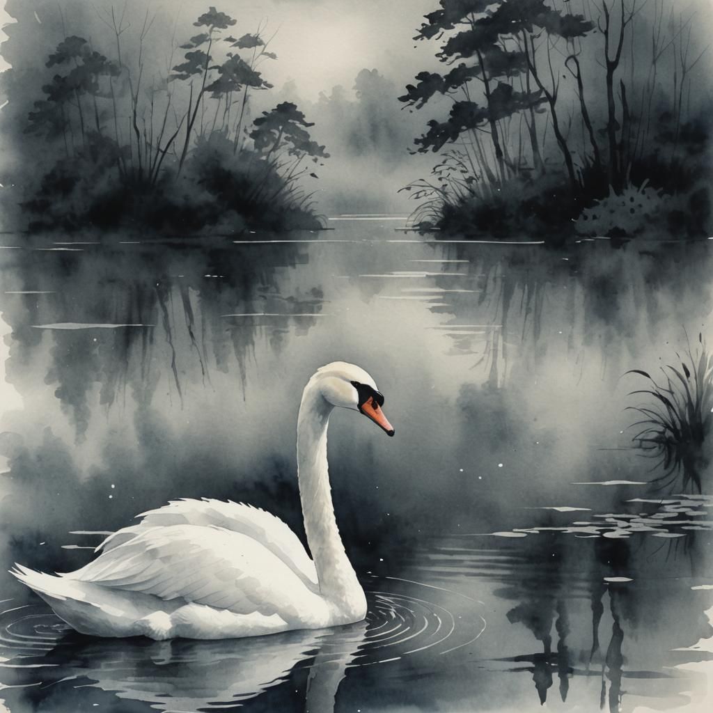 Monochromatic Swan on Dark Lake in Ukiyo-e Style