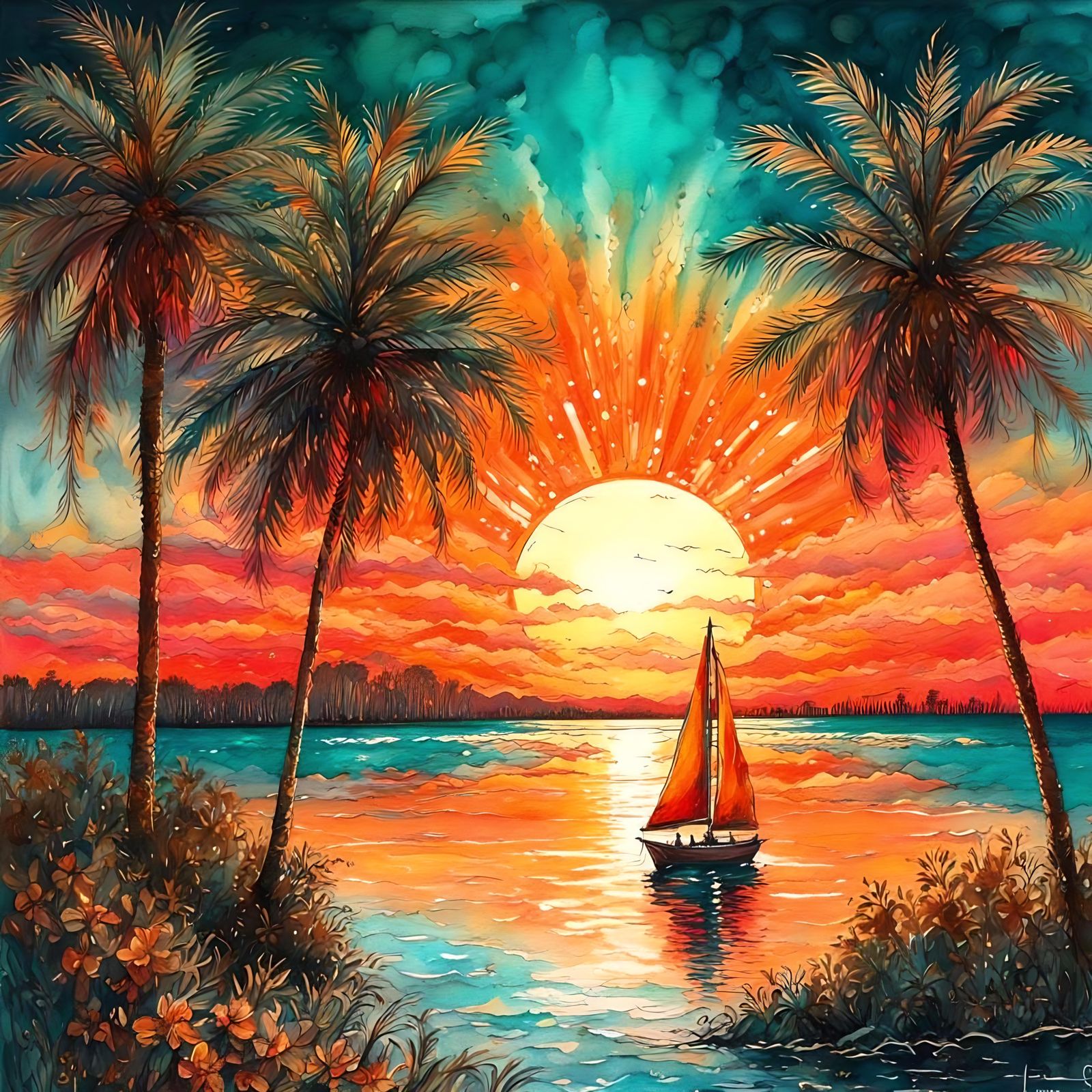 Glowing Sunset Seascape in Watercolor and Ink