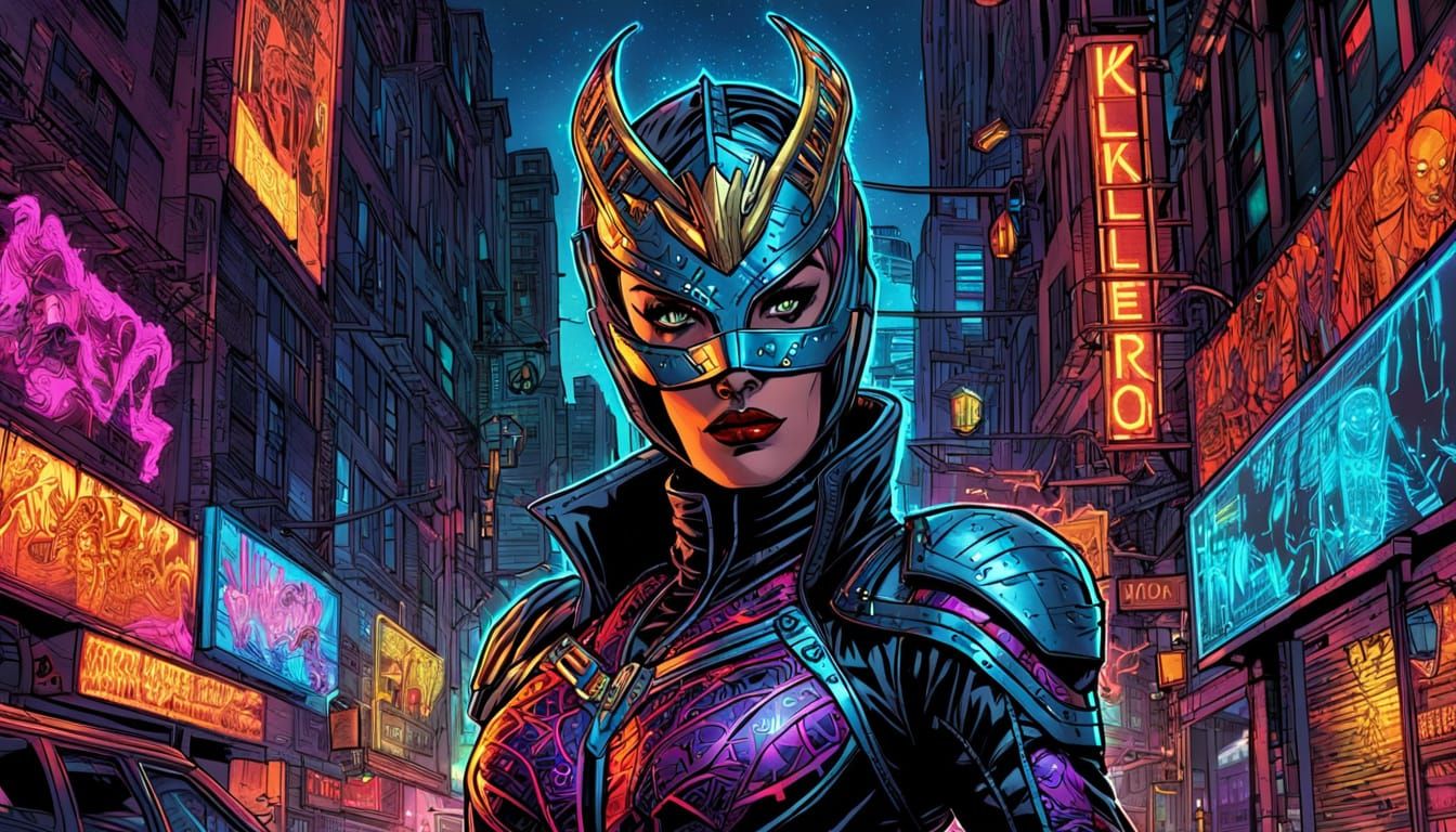 Killer Queen in City Street, Vibrant Comic Book Art