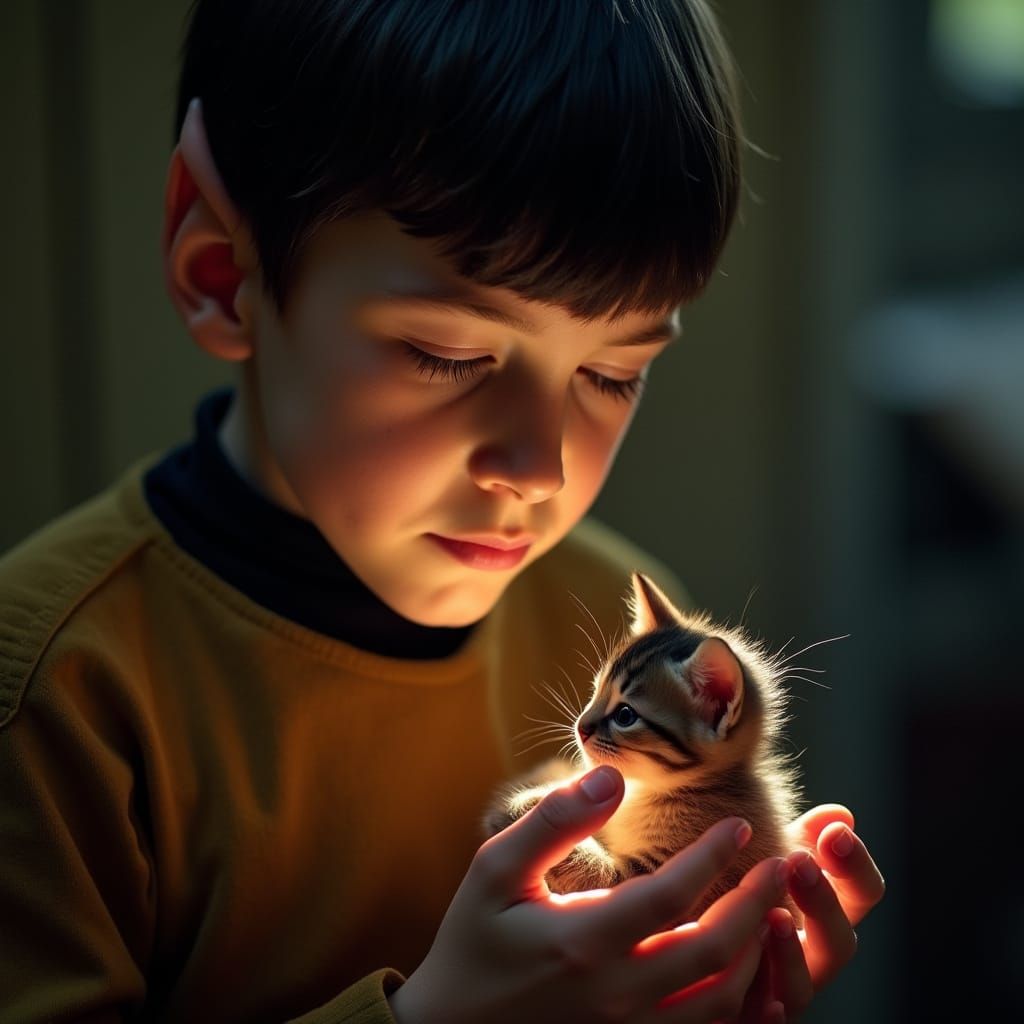 Young Spock Cradling Kitten: Cinematic 35mm Film