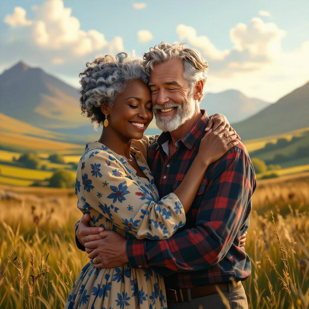Elderly Couple Embracing in Scottish Countryside as Matte Pa...