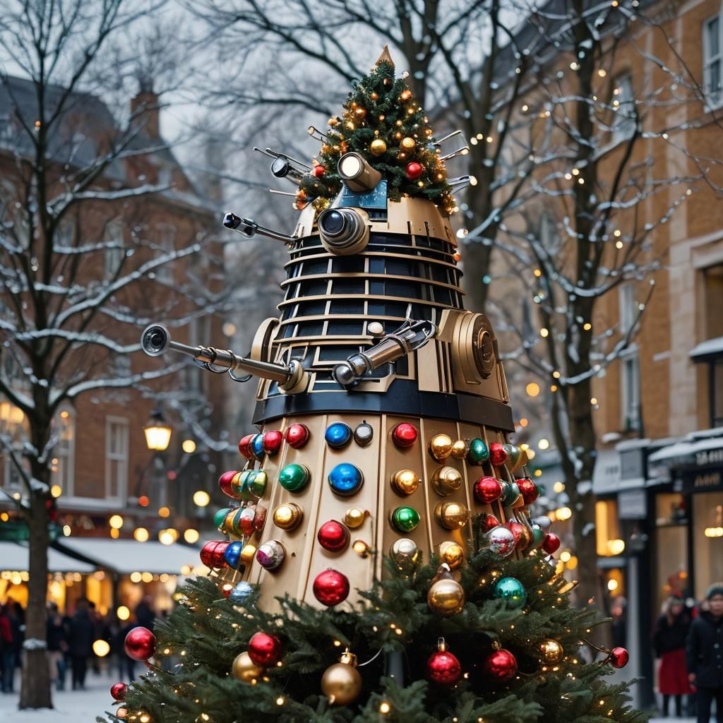 Dalek Christmas Tree in Town Square: Festive Photo