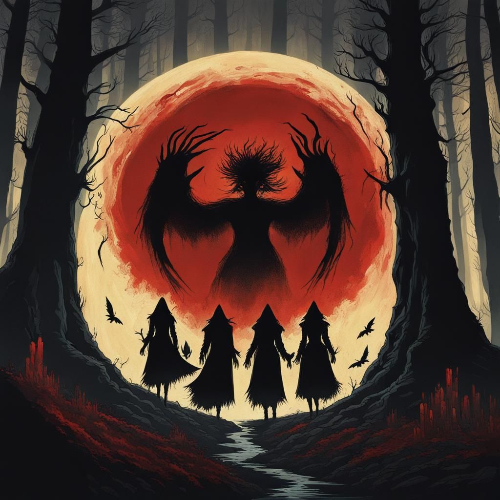 Witches Summoning a Demon in Dark Forest, Gothic Horror