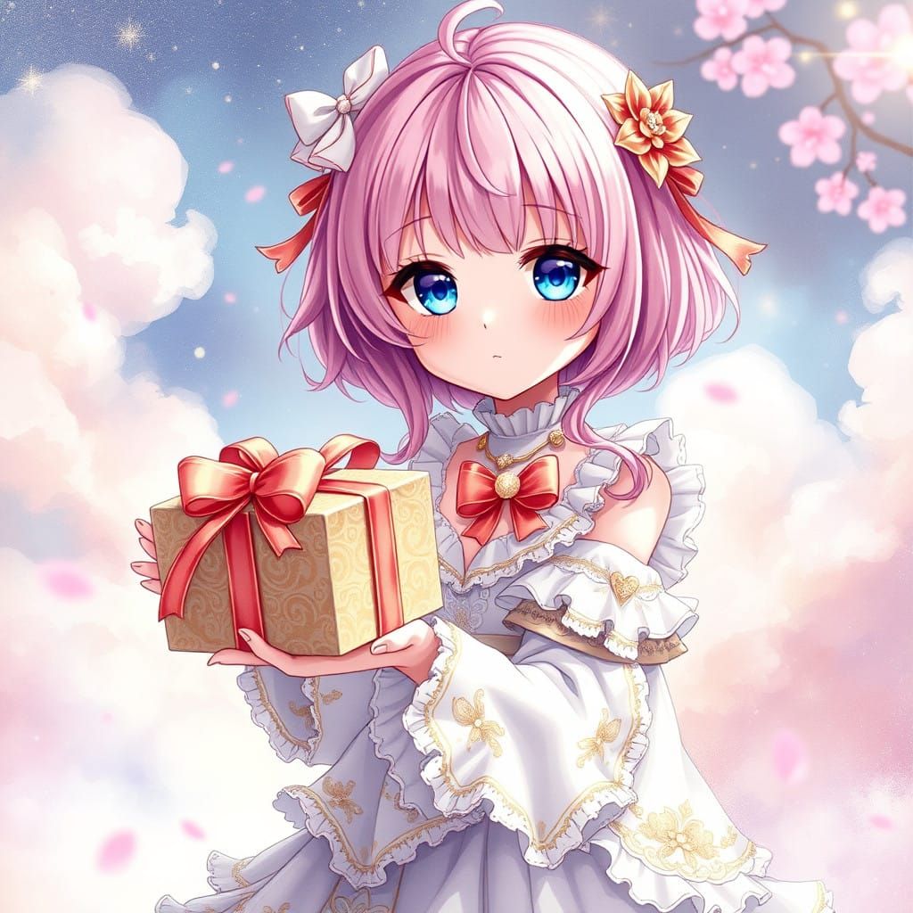 Kawaii Anime Girl Hands Gift in Dreamy Fantasy Setting