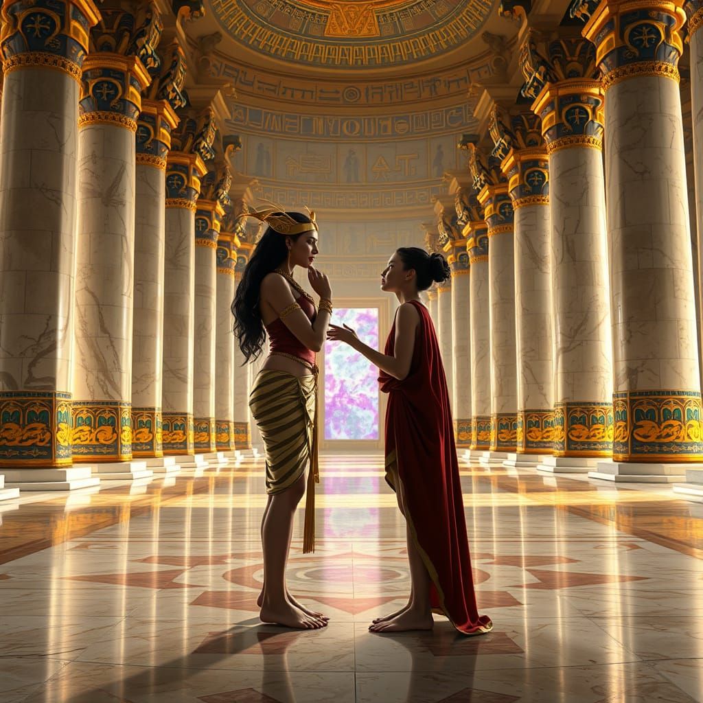 Ancient Egyptian Queen with Handmaid in Opulent Throne Room