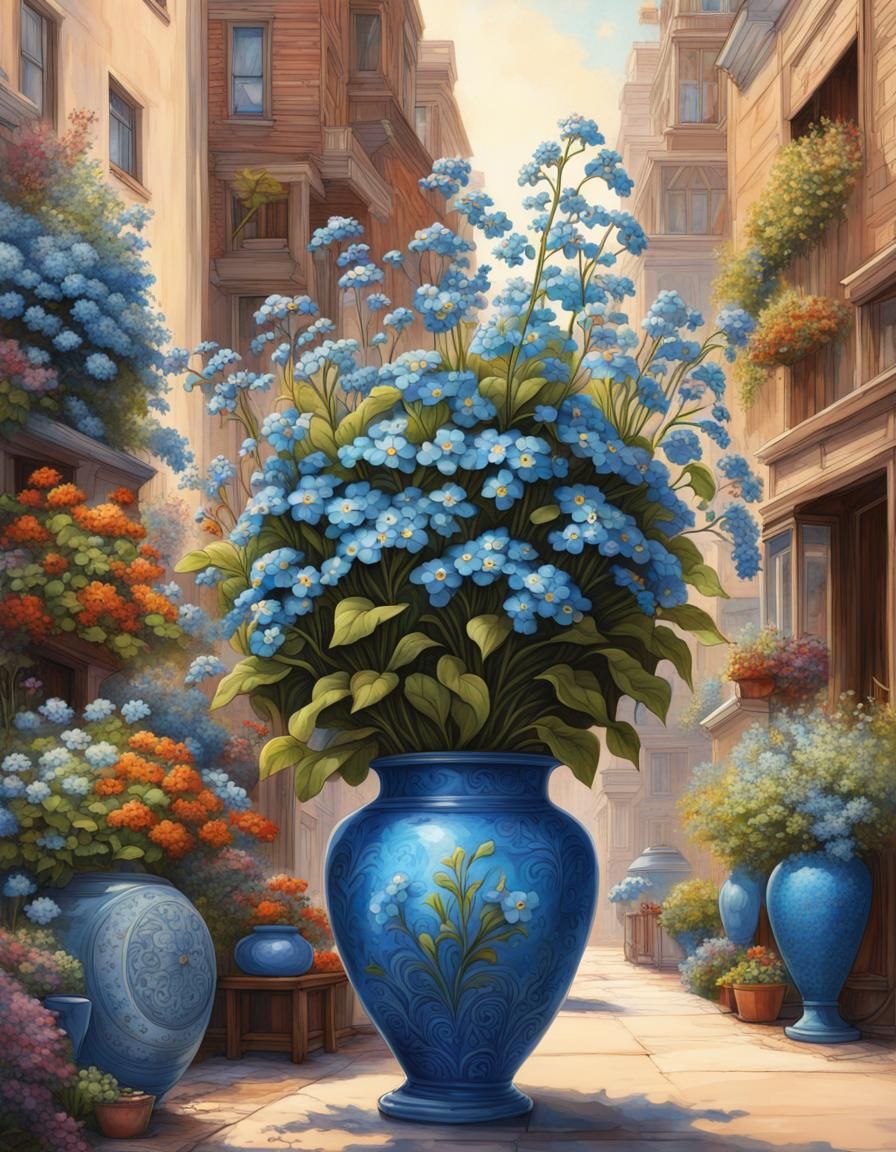 Blue Forget-Me-Nots in Hyperdetailed Senior Living Space