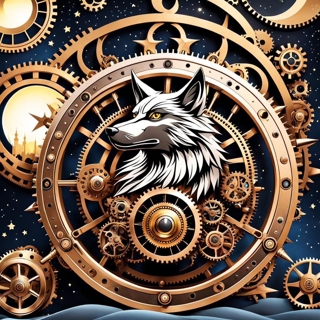 Fantasy Wolf Howling at Moon with Steampunk Engine
