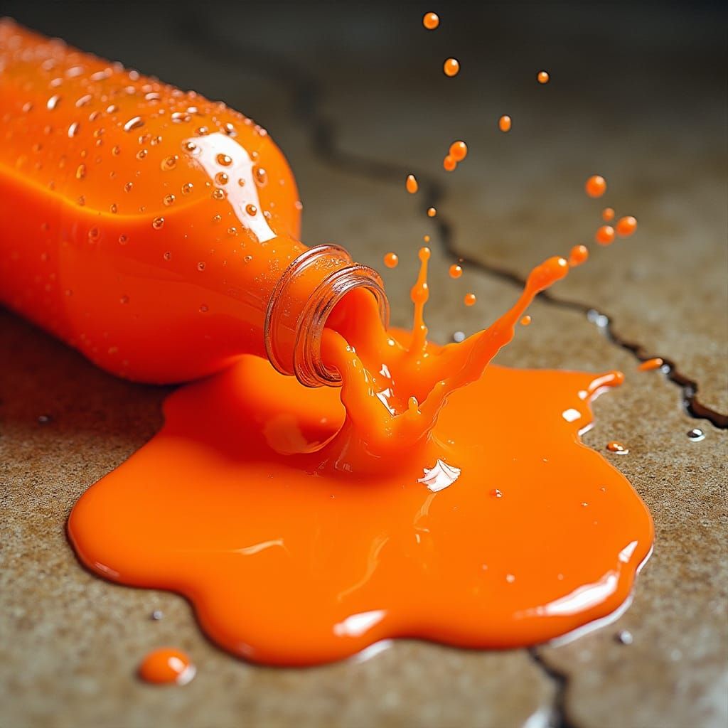 Orange fluo juice leaking from a fallen bottle, great puddle on the ground