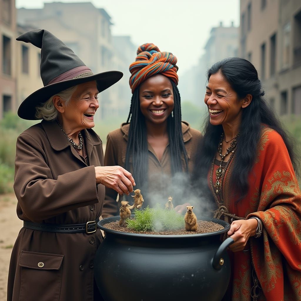 Contemporary Witches Brewing Potion in Urban Wasteland