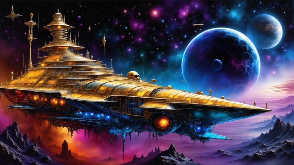 Steampunk Alien Battle Cruiser Over Ringed Planet