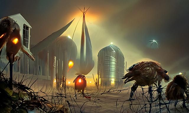 Alien Chickens Escape Barn: Hyperrealistic Digital Art