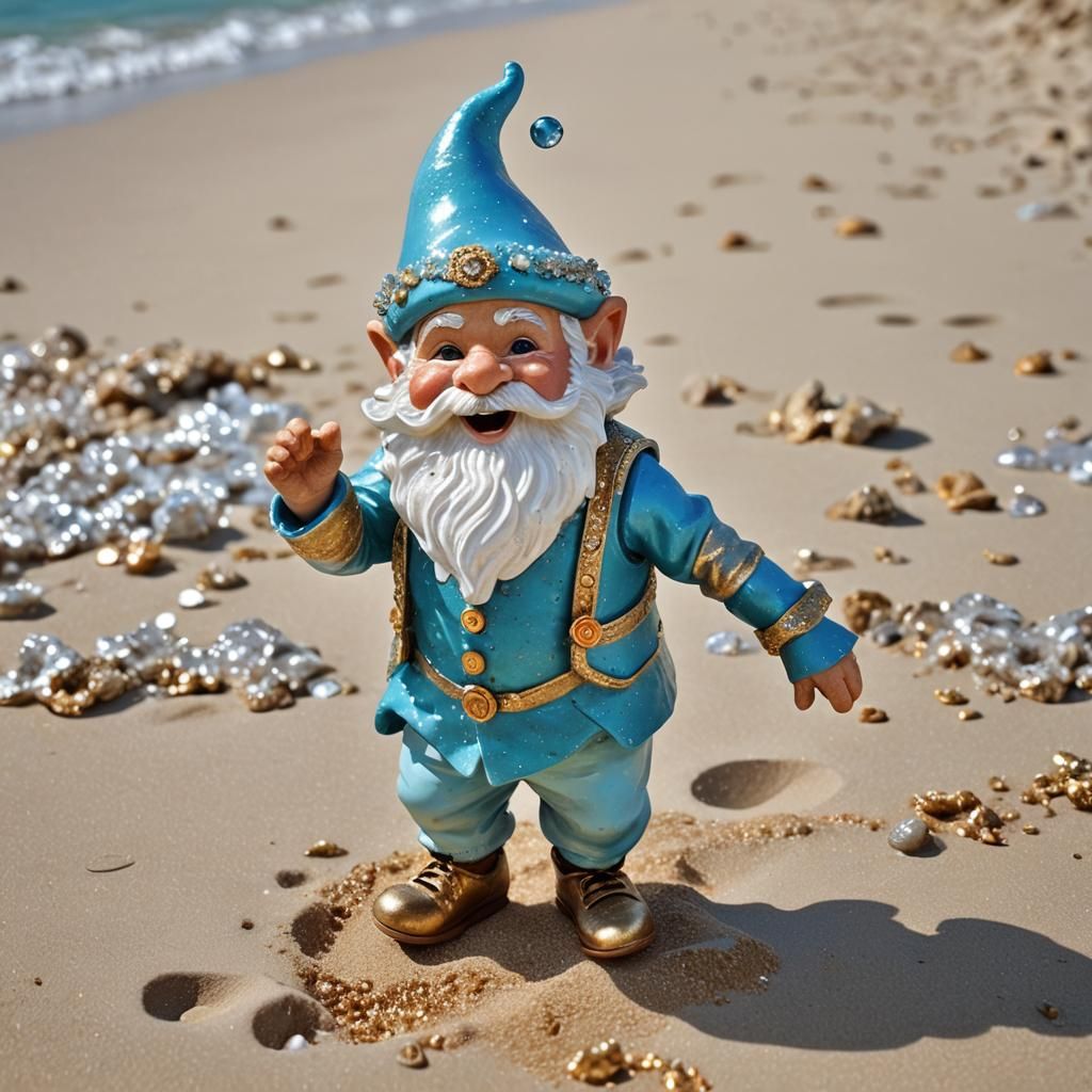 Joyful Gnome on Beach in Art Nouveau Style
