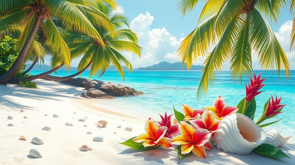 Tropical Beach with Shells and Flowers, Impressionist Style