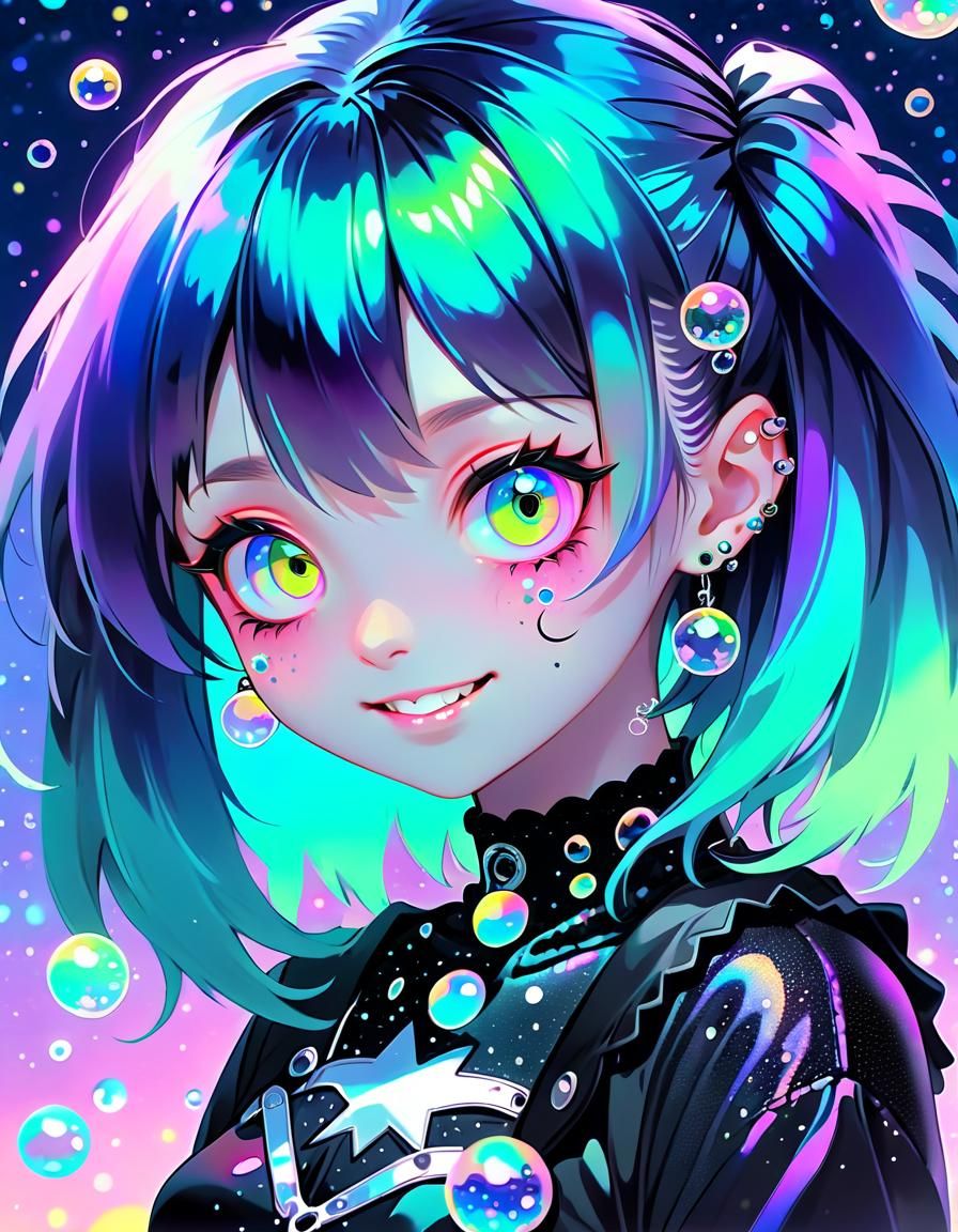 Surreal Anime Goth Portrait in Pastel Neon Colors