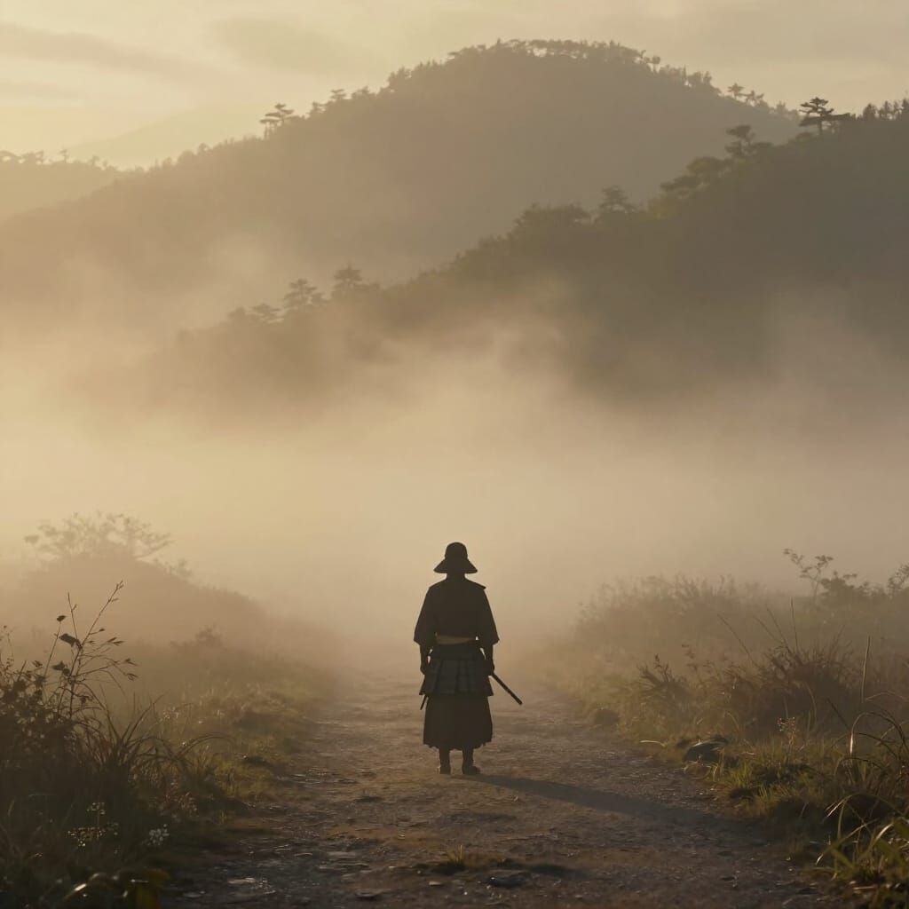 Samurai on Misty Path, Painterly Style
