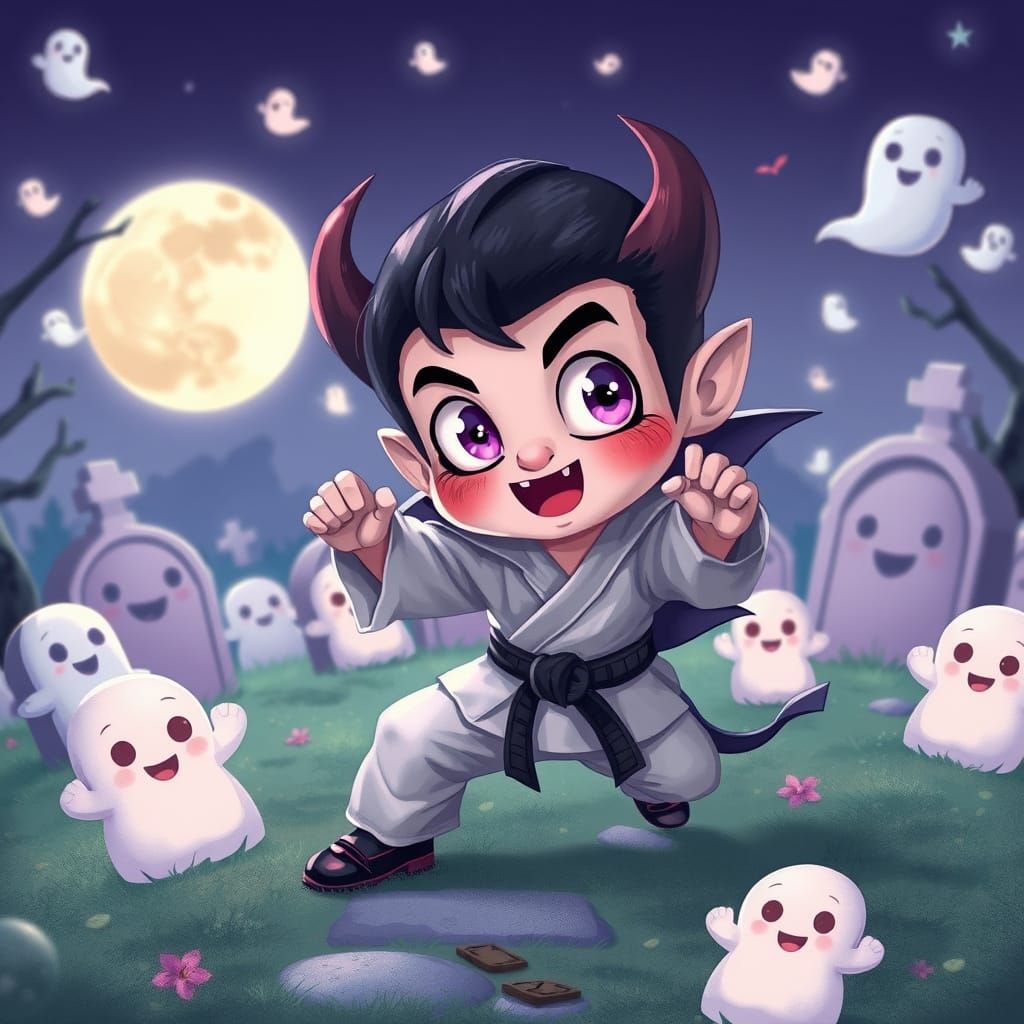 Tiny Vampire Karate Master in Moonlit Graveyard