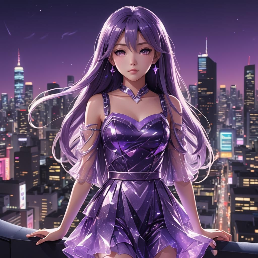 Anime Pop Star in Futuristic Cityscape