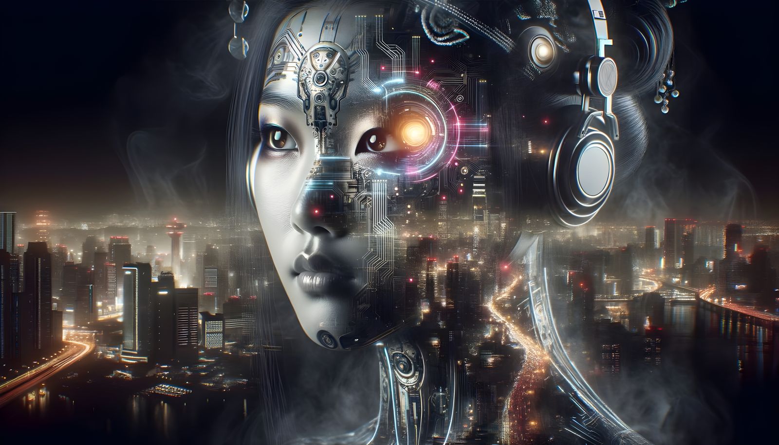 Cybernetic Geisha in Futuristic City, Charcoal Drawing