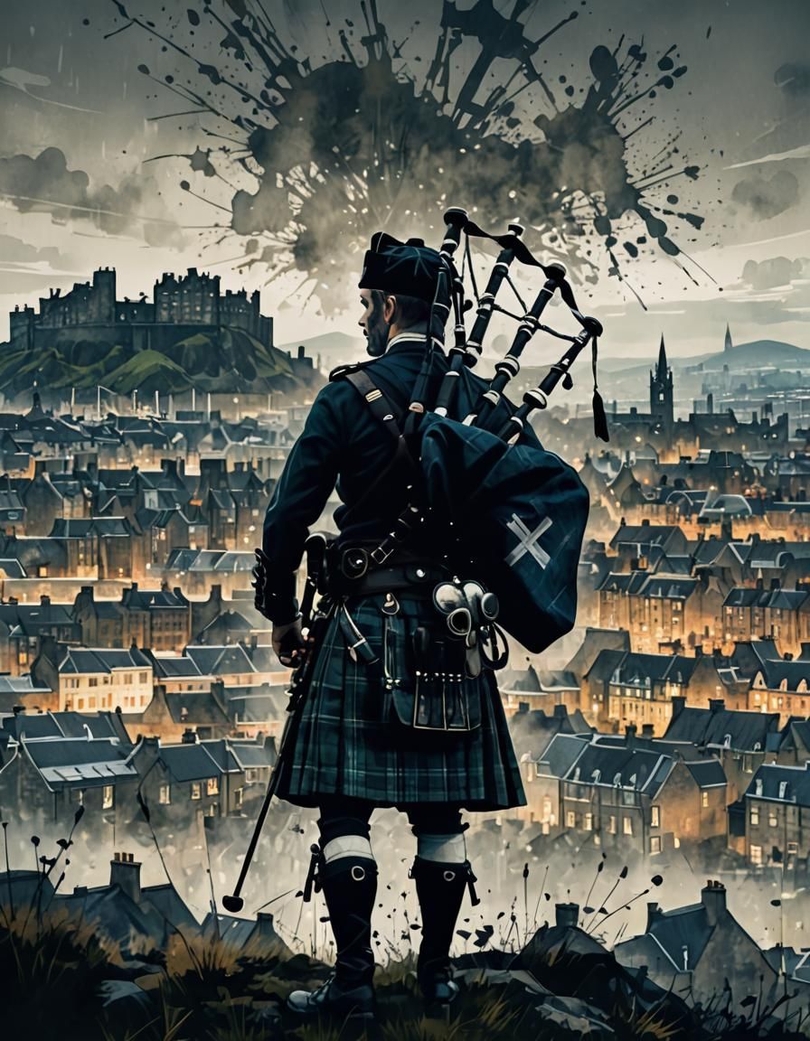 Scottish Piper Double Exposure in Atmospheric Style