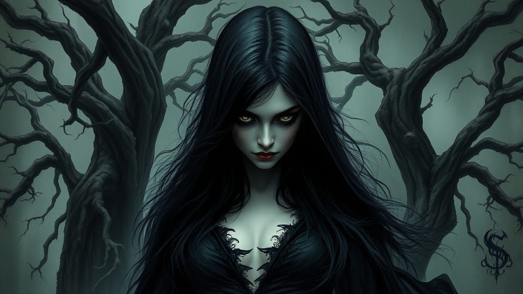 Mystical Woman Surrounded by Twisted Trees in a Haunting Got...