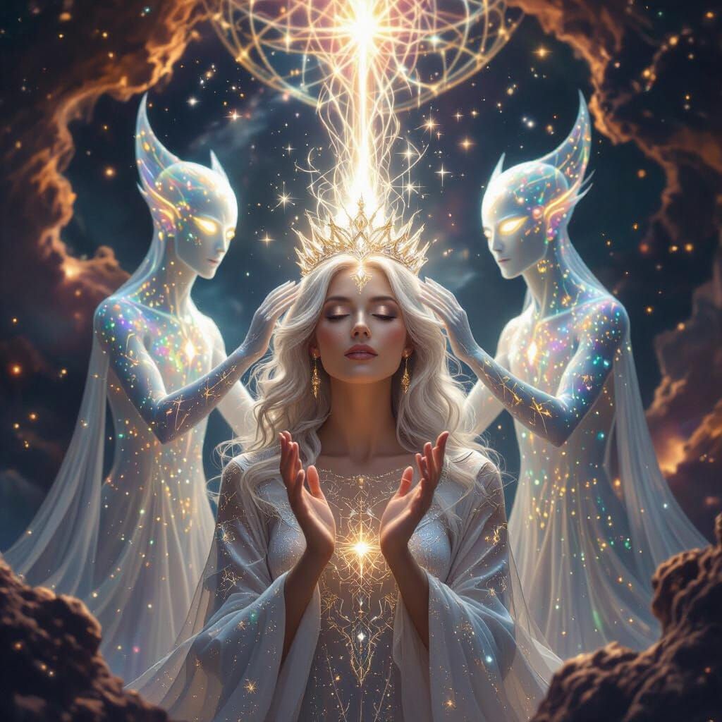 Celestial Goddess Crowned by Star Beings in Cosmic Chamber