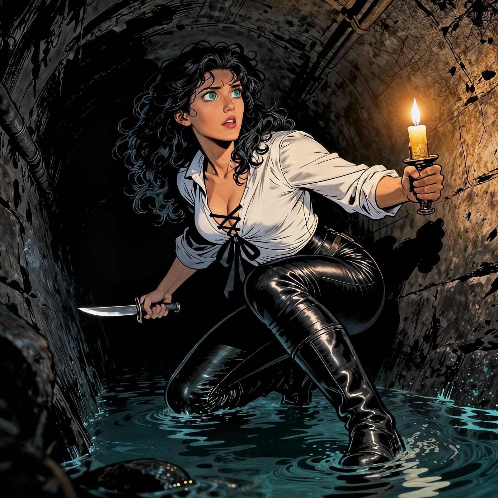 Female Rogue Sneaking Through Flooded Tunnel